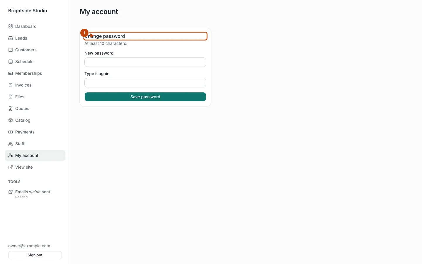 My account in admin, with Change password marked