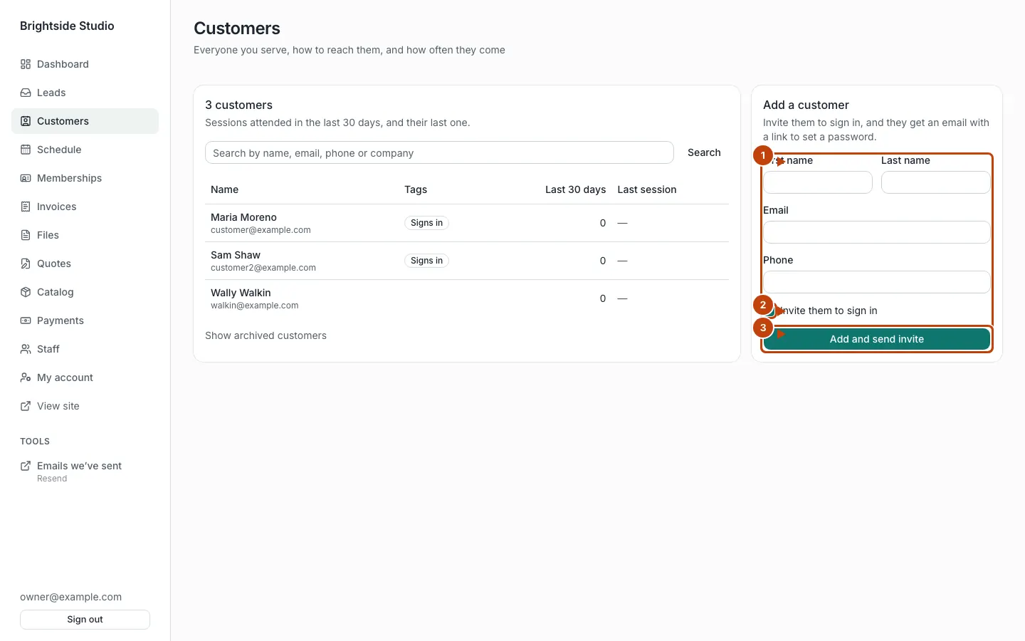 Add a customer form, with markers on the form, invite checkbox, and Add and send invite
