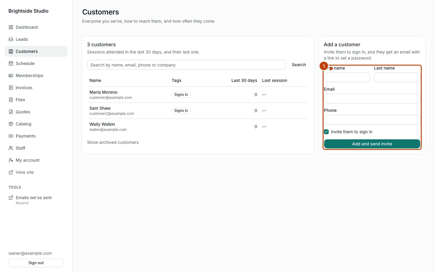 Customers list with the add form marked