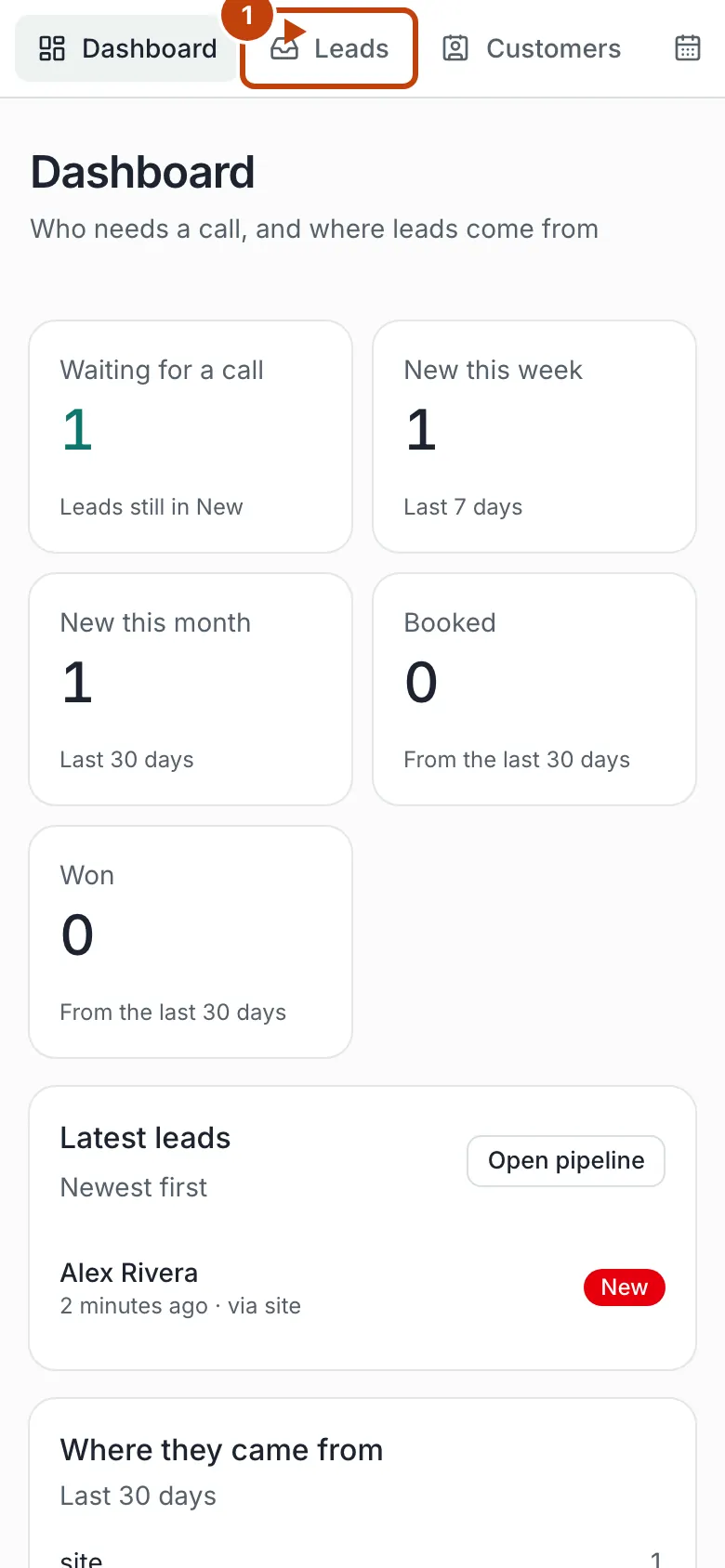 Admin dashboard on a phone, with Leads in the top menu marked