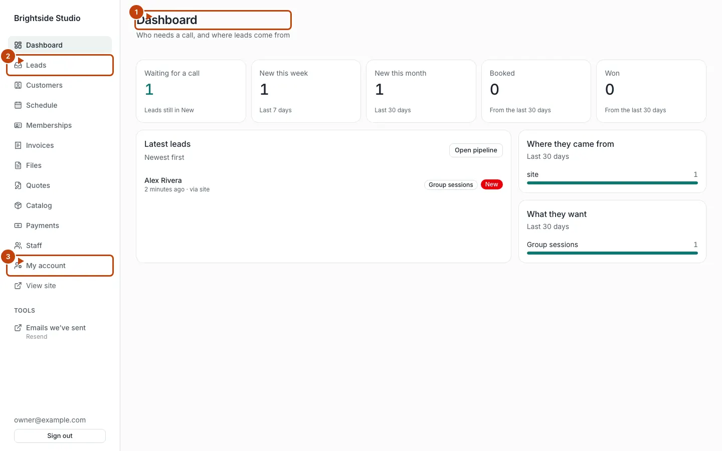 Admin dashboard for Brightside Studio