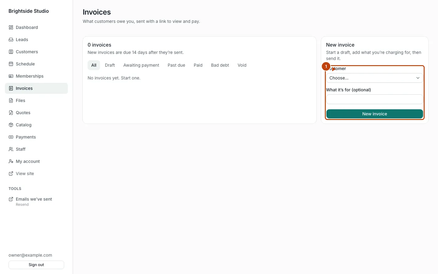 Invoices page with the new-invoice form marked