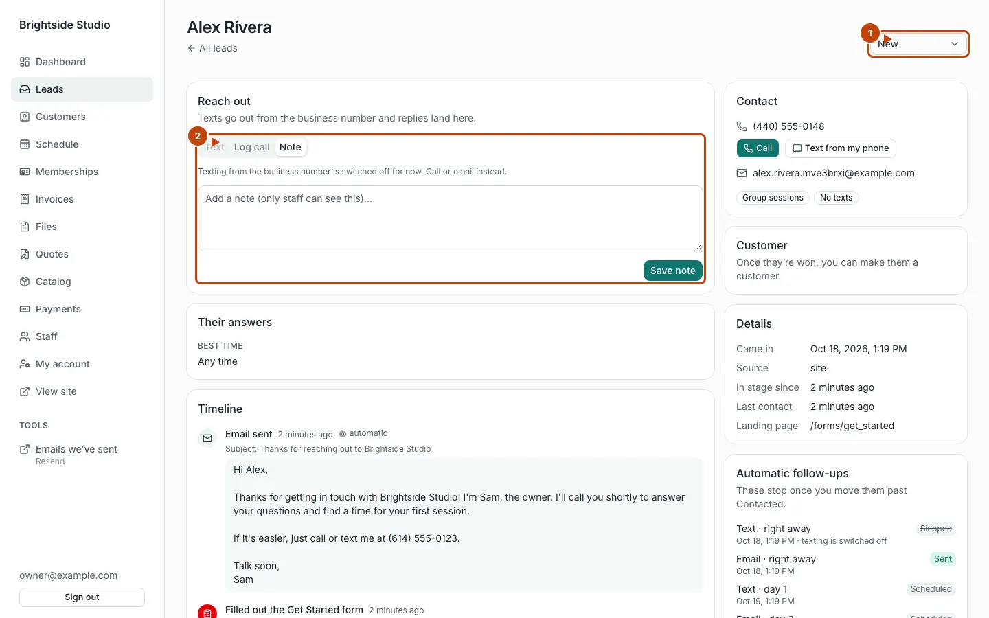 A lead record, with the stage menu and reach-out box marked