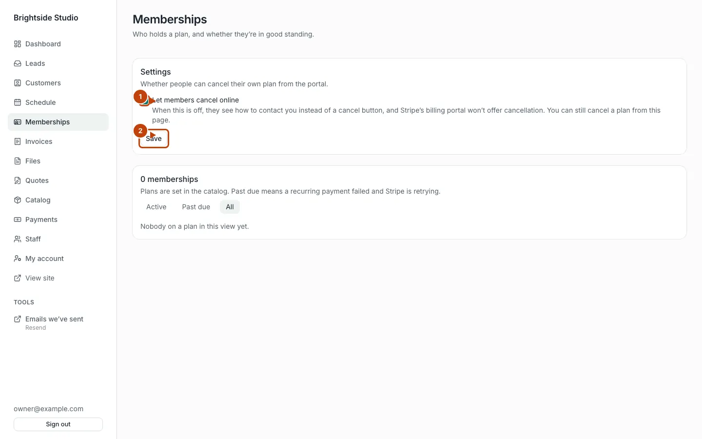 Memberships settings, with the cancel-online checkbox and Save marked