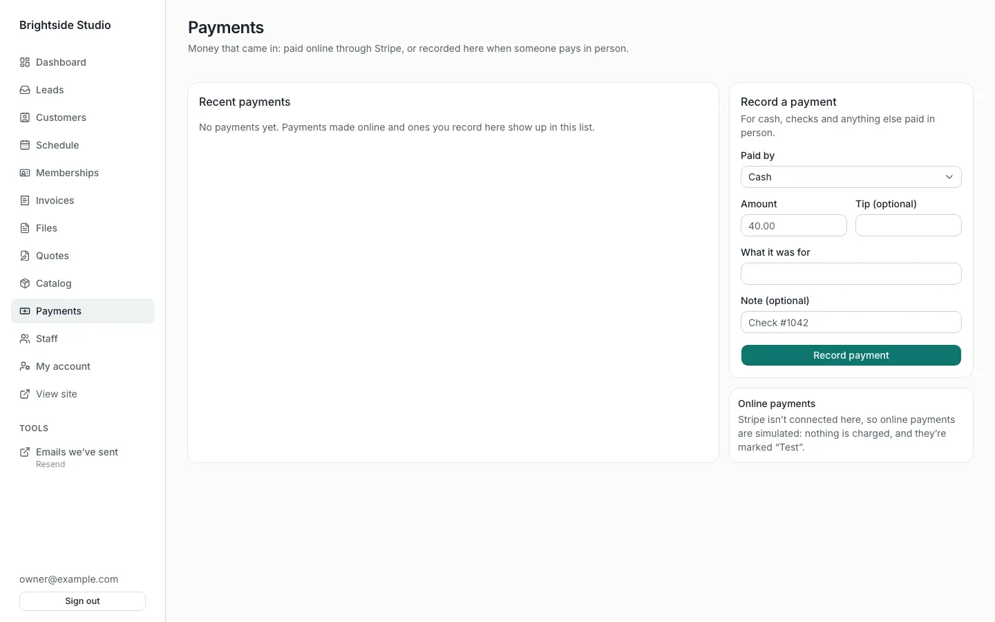 Payments list in the Brightside Studio admin