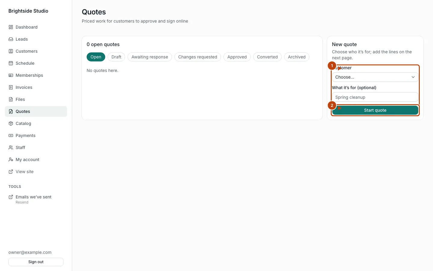 Start quote form, with the form and Start quote marked
