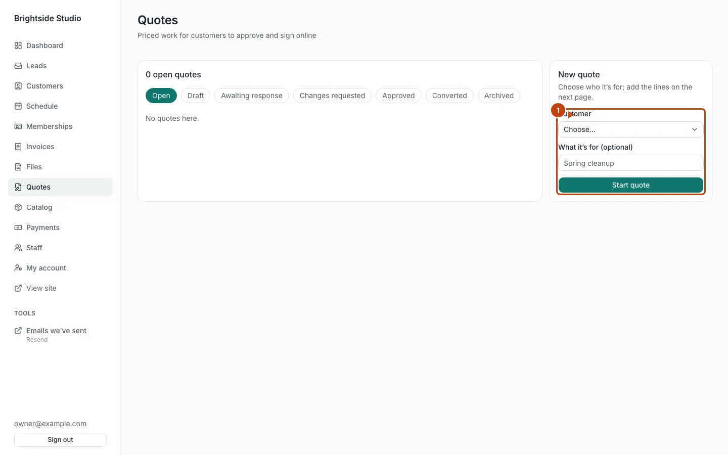 Quotes page with the new-quote form marked