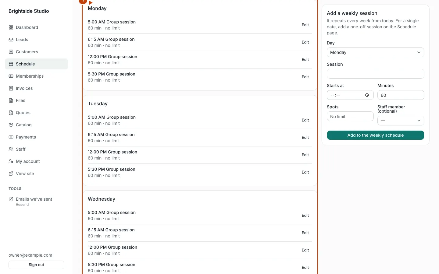 Weekly schedule editor in the Brightside Studio admin