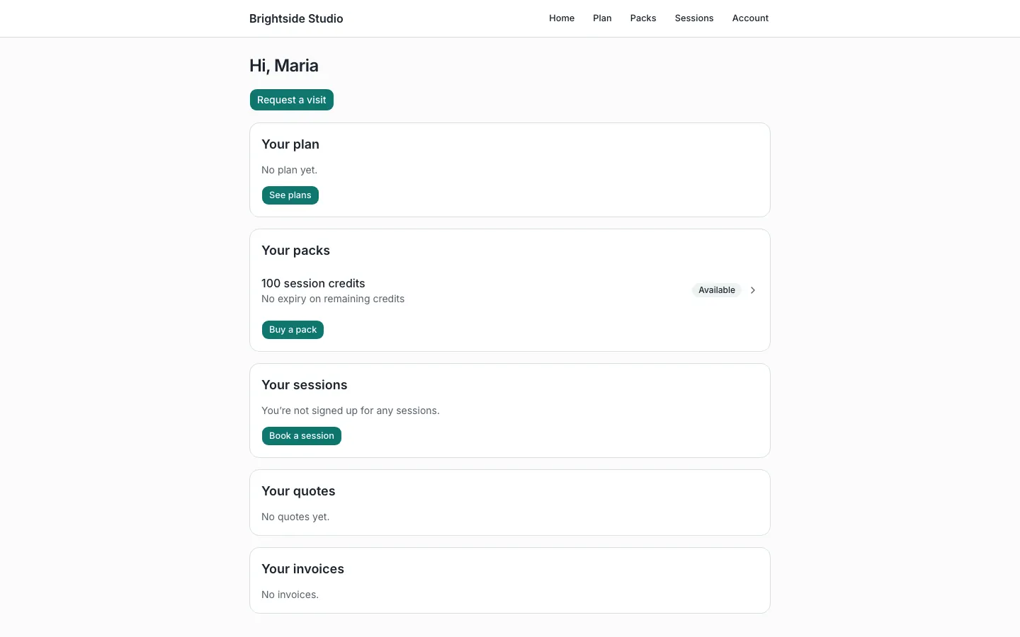 Customer portal home for Brightside Studio