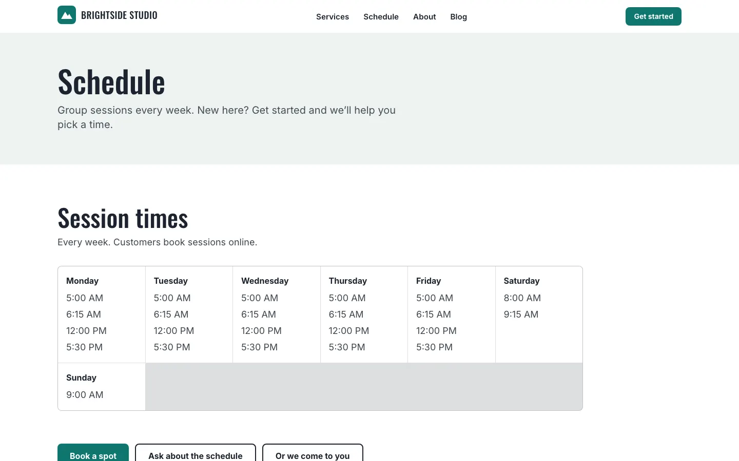 Public timetable for Brightside Studio
