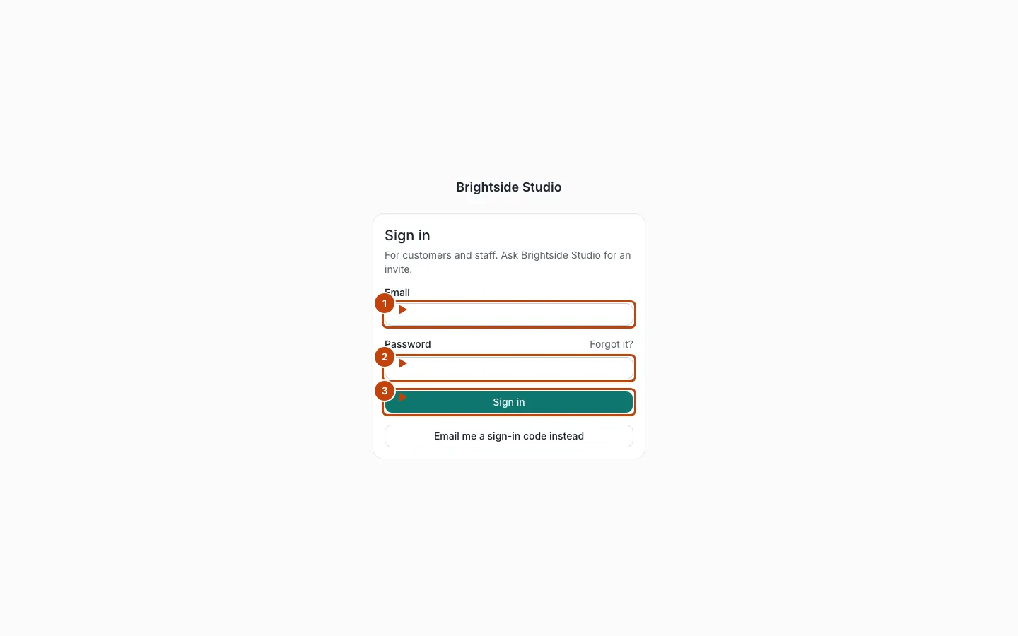 Sign-in page for Brightside Studio, with numbered markers on email, password, and Sign in